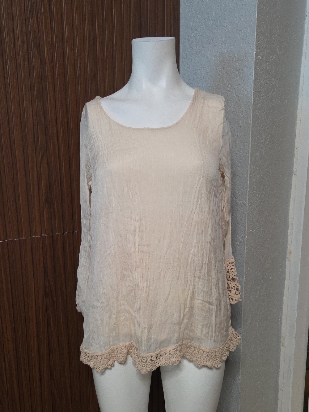 100% Silk Boho Crinkle Tunic Blouse Cream Beige Cotton Lace Trim S [207]